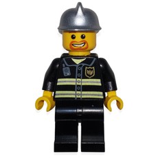 Fireman, Black Fire Jacket with Reflective Stripes, Radio, and Badge, Silver Helmet, Goatee Beard (fig-008034)