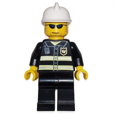 Fireman, Black Fire Jacket with Reflective Stripes, Radio, and Badge, White Helmet, Sunglasses (fig-008035)