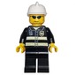 Fireman, Black Fire Jacket with Reflective Stripes, Radio, and Badge, White Helmet, Sunglasses
