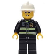 Fireman, Black Fire Jacket with Reflective Stripes, Radio, and Badge, White Helmet, Glasses (fig-008036)