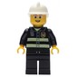 Fireman, Black Fire Jacket with Reflective Stripes, Radio, and Badge, White Helmet, Glasses