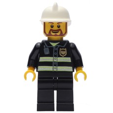 Fireman, Black Fire Jacket with Reflective Stripes, Radio, and Badge, White Helmet, Beard (fig-008037)
