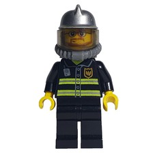 Fireman, Black Fire Jacket with Reflective Stripes, Radio, and Badge, Silver Helmet, Breathing Apparatus, Airtanks, Beard and Glasses (fig-008038)
