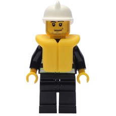 Fireman, Black Fire Jacket with Reflective Stripes, Radio, and Badge, White Helmet, Yellow Life Vest 2610, Stubble (fig-008039)