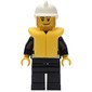 Fireman, Black Fire Jacket with Reflective Stripes, Radio, and Badge, White Helmet, Yellow Life Vest 2610, Stubble