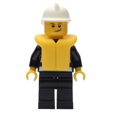 Fireman, Black Fire Jacket with Reflective Stripes, Radio, and Badge, White Helmet, Yellow Life Vest 2610 (fig-008040)