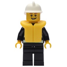 Fireman, Black Fire Jacket with Reflective Stripes, Radio, and Badge, White Helmet, Yellow Life Vest 2610, Open Mouth (fig-008041)