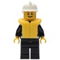 Fireman, Black Fire Jacket with Reflective Stripes, Radio, and Badge, White Helmet, Yellow Life Vest 2610, Open Mouth