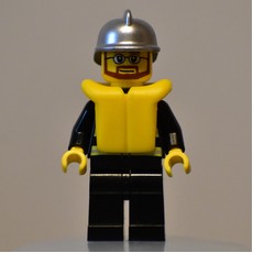 Fireman, Black Fire Jacket with Reflective Stripes, Radio, and Badge, Silver Helmet, Yellow Life Vest 2610, Beard and Glasses (fig-008042)
