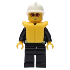 Fireman, Black Fire Jacket with Reflective Stripes, Radio, and Badge, White Helmet, Yellow Life Vest, Orange Sunglasses (fig-008043)
