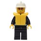 Fireman, Black Fire Jacket with Reflective Stripes, Radio, and Badge, White Helmet, Yellow Life Vest, Orange Sunglasses