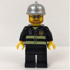 Fireman, Black Fire Jacket with Reflective Stripes, Radio, and Badge, Silver Helmet, Beard and Glasses (fig-008044)