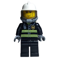 Fireman, Black Fire Jacket with Reflective Stripes, Radio, and Badge, White Helmet, Breathing Apparatus, Airtanks, Cheek Lines (fig-008045)