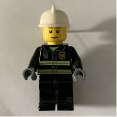 Fireman, Black Fire Jacket with Reflective Stripes, Radio, and Badge, White Helmet, Brown Eyebrows (fig-008046)