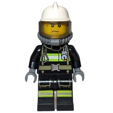 Fireman, Black Fire Suit with Gauge and Straps, White Helmet, Breathing Apparatus, Airtanks, Sweat Drops (fig-008047)