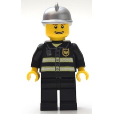Fireman, Black Fire Jacket with Reflective Stripes, Radio, and Badge, Silver Helmet (fig-008050)