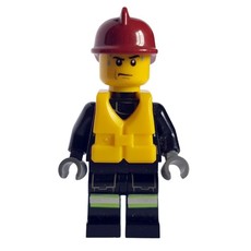 Fireman, Black Fire Suit with Gauge and Straps, Dark Red Helmet, Yellow Life Vest, Sweat Drops (fig-008055)
