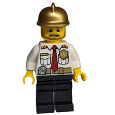 Fireman, White Shirt with Red Tie, Badge, and Radio on Belt, Gold Helmet, Beard (fig-008057)
