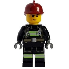 Fireman, Black Fire Suit with Gauge and Straps, Dark Red Helmet, Sweat Drops (fig-008059)