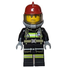 Fireman, Black Fire Suit with Gauge and Straps, Dark Red Helmet, Breathing Apparatus, Airtanks, Sweat Drops (fig-008061)