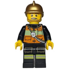 Fireman, Orange Safety Vest with Radio, Gold Helmet, Beard (fig-008063)