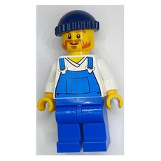 Man, Blue Overalls over Shirt, Blue Legs, Dark Blue Hat, Beard (fig-008064)