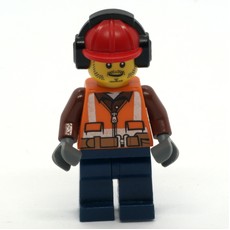Construction Worker, Orange Safety Vest with Zipper and Pockets, Red Hard Hat with Ear Defenders, Stubble (fig-008071)