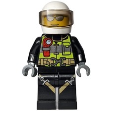 Fireman, Safety Vest with Flashlight, Pocket, and Belt, Black Legs with Straps, White Helmet with Visor, Silver Sunglasses (fig-008074)