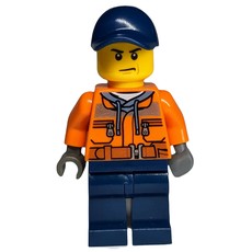 Construction Worker, Orange Jacket with Zipper and Reflective Stripes, Dark Blue Legs, Dark Blue Cap (fig-008075)