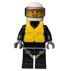 Firewoman, Safety Vest with Flashlight, Pocket, and Belt, Black Legs with Straps, White Helmet with Visor, Yellow Life Vest (fig-008077)