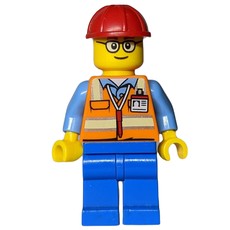 Construction Worker, Orange Safety Vest with Pen and ID Badge, Red Hard Hat, Glasses (fig-008078)
