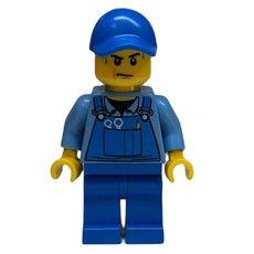 Man, Blue Overalls over Shirt, Blue Legs, Black Cap, Sweat Drops (fig-008079)