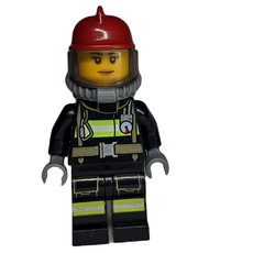 Firewoman, Black Fire Suit with Gauge and Straps, Dark Red Helmet, Breathing Apparatus, Airtanks (fig-008080)