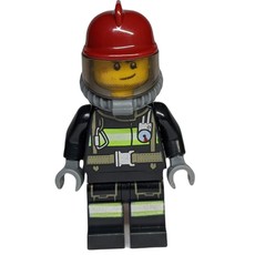 Fireman, Black Fire Suit with Gauge and Straps, Dark Red Helmet, Breathing Apparatus, Airtanks, Stubble and Scar (fig-008081)