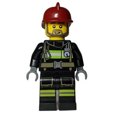 Fireman, Black Fire Suit with Gauge and Straps, Dark Red Helmet, Beard (fig-008092)