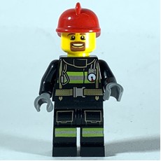 Fireman, Black Fire Suit with Gauge and Straps, Red Helmet, Goatee Beard (fig-008098)