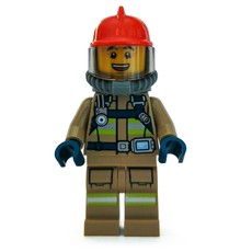 Fireman, Dark Tan Fire Suit with Gauge and Straps, Red Helmet, Breathing Apparatus, Airtanks, Open Mouth (fig-008099)