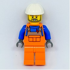 Construction Worker, Orange Overalls over Blue Sweater, White Hard Hat, Beard (fig-008100)