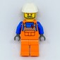 Construction Worker, Orange Overalls over Blue Sweater, White Hard Hat, Beard