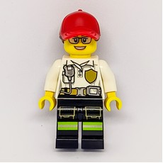 Firewoman, White Polo Shirt with Radio and Badge, Red Cap with Hair, Glasses (fig-008101)