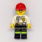 Firewoman, White Polo Shirt with Radio and Badge, Red Cap with Hair, Glasses