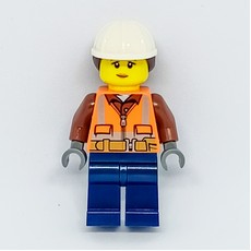 Construction Worker, Woman, Orange Safety Vest with Zipper and Pockets, White Hard Hat with Hair (fig-008102)