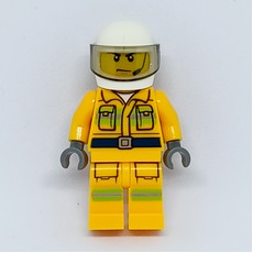 Fireman, Bright Light Orange Fire Suit, White Helmet with Visor, Headset (fig-008104)
