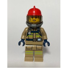 Firewoman, Dark Tan Fire Suit with Gauge and Straps, Red Helmet, Breathing Apparatus, Airtanks, Dirty (fig-008105)