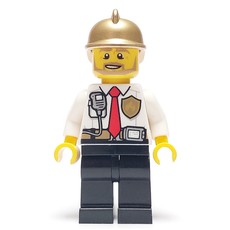 Fireman, White Shirt with Red Tie, Badge, and Radio on Pocket, Gold Helmet, Beard (fig-008106)