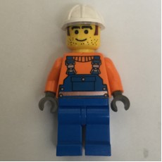 Construction Worker, Blue Overalls over Orange Sweater, White Hard Hat, Printed Hair and Stubble (fig-008119)