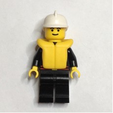 Fireman, Black Fire Jacket with Red Belt and Badge, White Helmet, Yellow Life Vest (fig-008149)