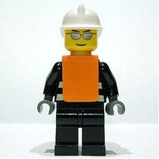 Fireman, Black Fire Jacket with Reflective Stripes, Radio, and Badge, White Helmet, Orange Vest, Silver Sunglasses (fig-008150)