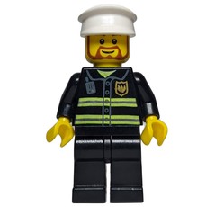 Fireman, Black Fire Jacket with Reflective Stripes, Radio, and Badge, White Hat, Beard (fig-008151)