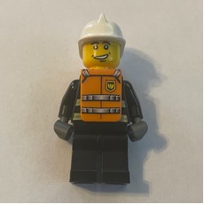 Fireman, Black Fire Jacket with Reflective Stripes, Radio, and Badge, White Helmet, Orange Vest (fig-008152)